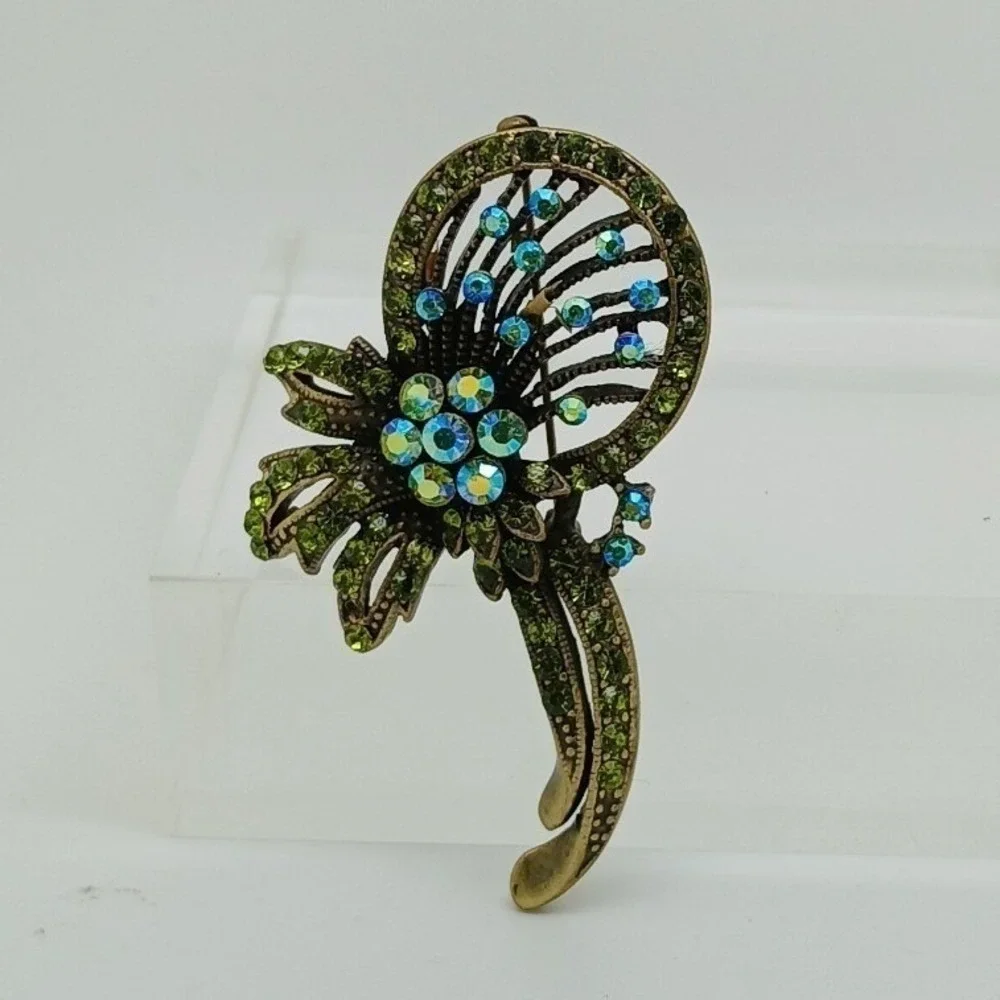Vintage Green Rhinestone Brooch Pendant Bronze Tone‎ Floral Pin Unisex